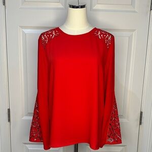 Chico's Vibrant Red Round Neck Laser Cut Lace Bell Sleeves Blouse Size 8P/M